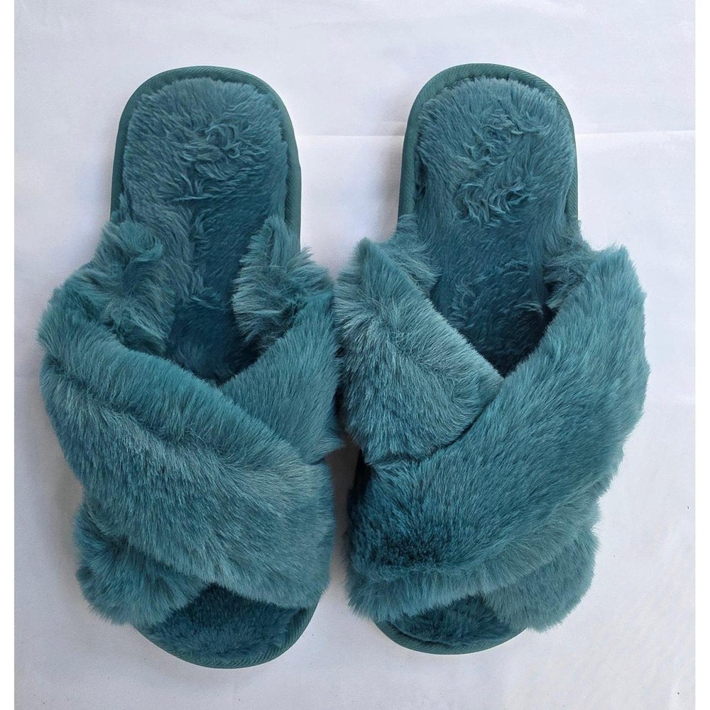 Teal Fuzzy Cross-Band House Slippers Women's XL Size 11–12